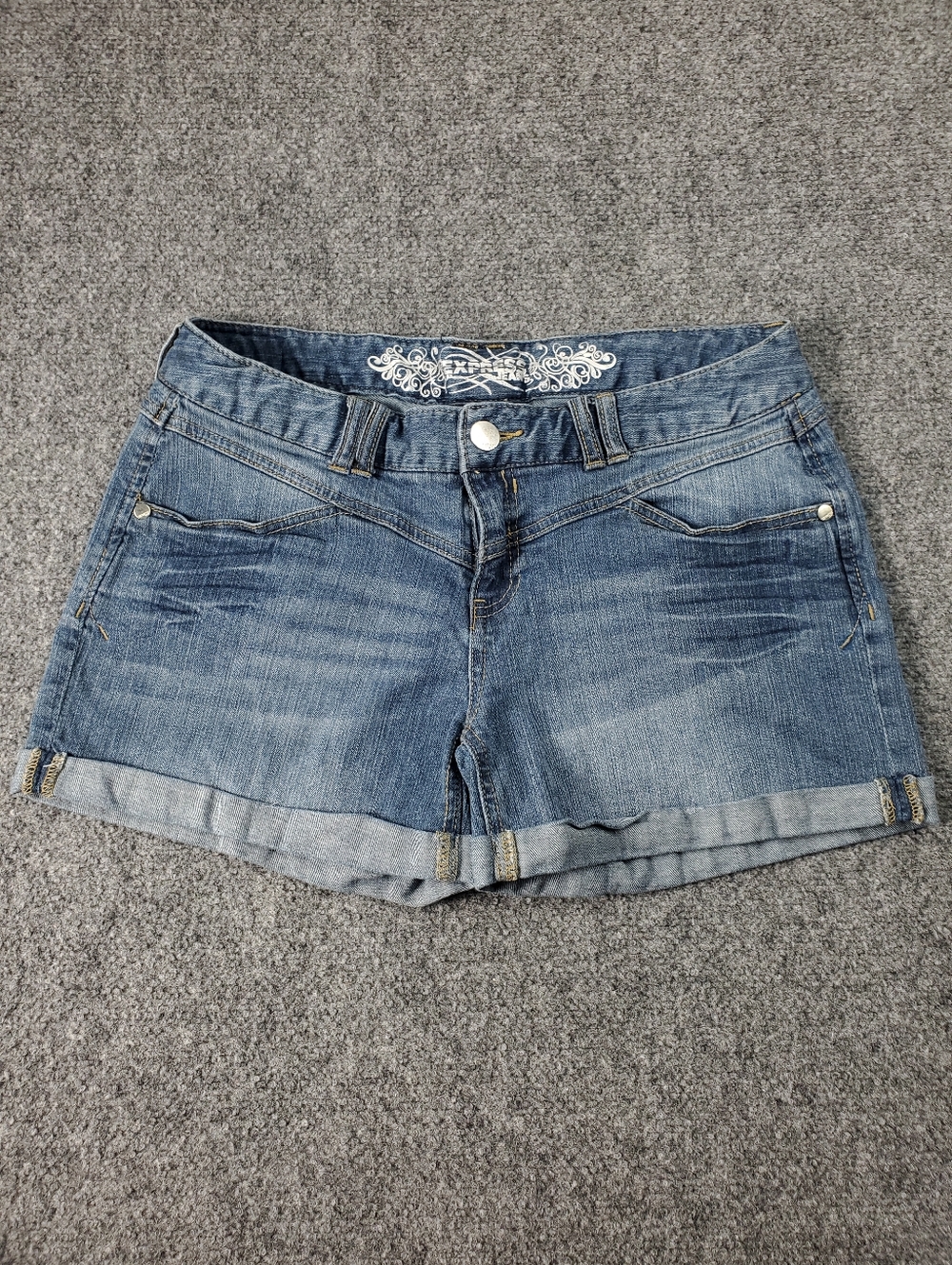 Vintage Y2K Express Mini Jean Shorts Womens Size 8 Low Rise Cuffed Blue Denim